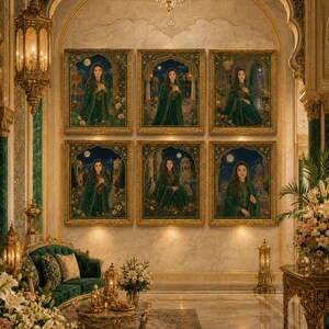 May include: Six framed portraits of a woman in a green gown hang on a wall in a luxurious room. The portraits have gold frames and are arranged in two rows of three. The room features ornate gold furniture, a green velvet sofa, and a chandelier.