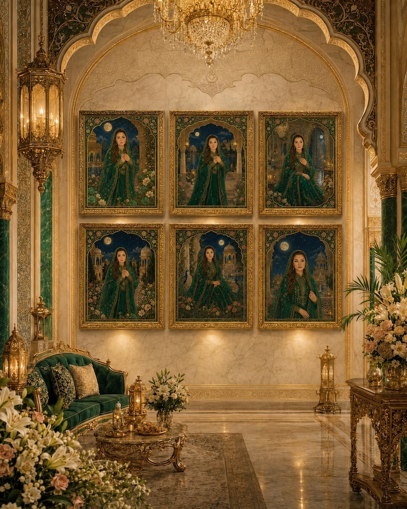 May include: Six framed portraits of a woman in a green gown hang on a wall in a luxurious room. The portraits have gold frames and are arranged in two rows of three. The room features ornate gold furniture, a green velvet sofa, and a chandelier.