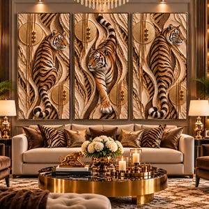 May include: A triptych wall art set featuring three vertical panels with textured cream and gold backgrounds, each depicting a tiger with black stripes. The artwork incorporates gold circular accents and vertical lines, creating a layered effect.