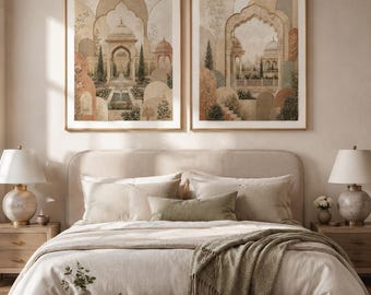 Modern Mughal Palace Art Set, Neutral Boho Indian Decor (Digital Prints)