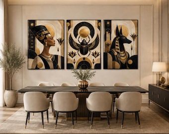 Modern Egyptian Wall Art Set, Black Gold Nefertiti Pharaoh Scarab Prints (Digital Download)