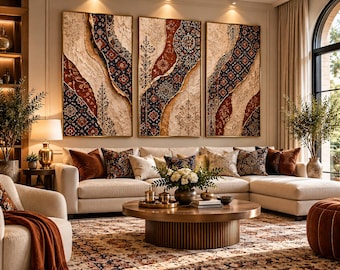 Heritage Abstract Wall Art Set of 3, Textured Prints (Nsia Beige)