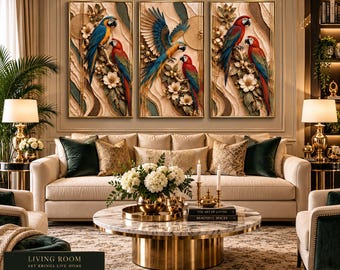 Luxury Macaw Wall Art Set, Textured 3D Parrot Prints (Digital Download)