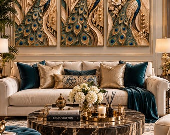 Luxury Peacock Wall Art Set, Blue Gold Textured 3D Prints (Digital Download)