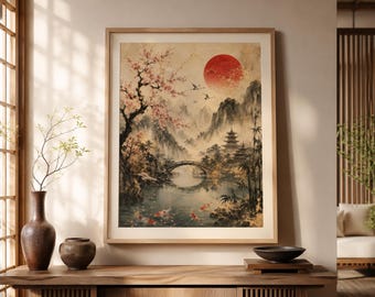 Modern Asian Landscape Print, Sakura Koi Fish, Bamboo Pagoda Art (Digital Download)