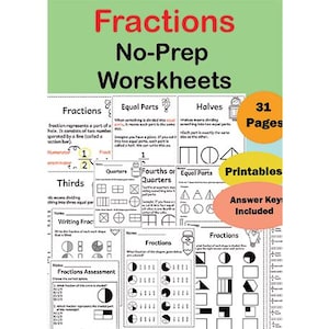 Op de afbeelding: Een set afdrukbare fractionele werkbladen met de titel "Fractions No-Prep Worksheets". De werkbladen behandelen gelijke delen, helften, kwartalen en fractionele beoordeling. Bevat 31 pagina's en een antwoordsleutel.