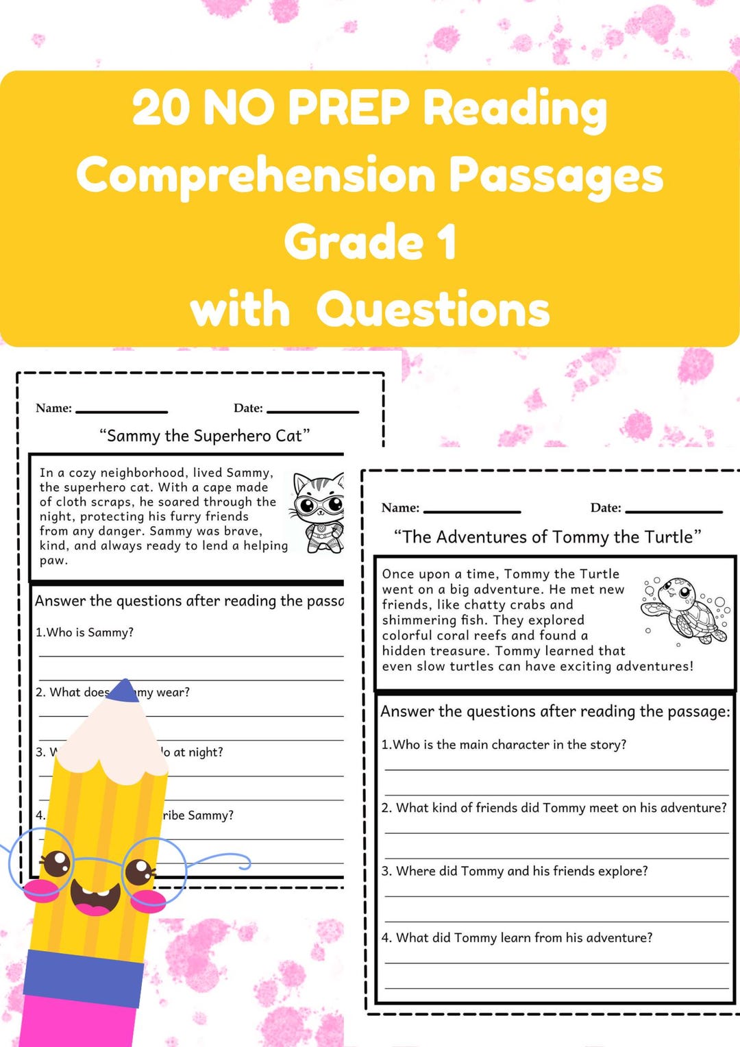 20 NO PREP Reading Comprehension Passages Grade 1 With Questions-short ...