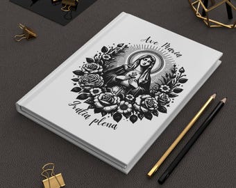 Virgin Mary Ave Maria Hardcover Journal, Catholic Religious Floral Notebook, Latin Prayer Gift