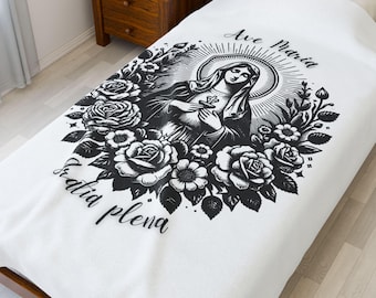 Catholic Ave Maria Virgin Mary Illustration Velveteen Plush Blanket | Religious Floral Design