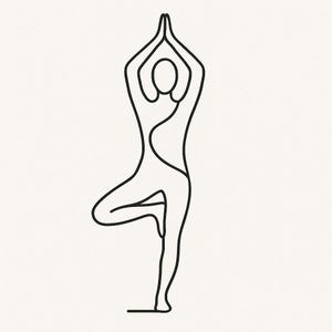 May include: A minimalist line drawing of a person in a tree pose, with arms raised above the head and one leg lifted. The black outline is set against a cream-colored background, creating a simple, elegant design suitable for yoga or wellness themes.