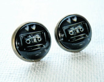 Cassette Tape Earrings - Black and White Earrings - Tape Studs - Cassette Tape Studs