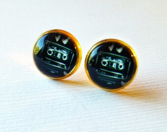 Cassette Tape Earrings - Black and White Earrings - Tape Studs - Cassette Tape Studs