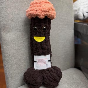 May include: A whimsical, handmade brown crochet plushie with a pink top, black eyes, and a yellow smile. A small tag is attached with the text: "Emotional support willy. Life is like a WILLY. Sometimes it's up. Sometimes it's down. BUT it won't be hard forever."