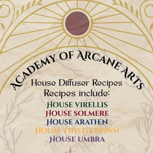 Könnte beinhalten: Ein Druck im Pergamentstil mit dem Text "ACADEMY OF ARCANE ARTS" und "House Diffuser Recipes". Die Rezepte umfassen: House Virellis, House Solmere, House Arathen, House Thistledown und House Umbra. Unten eine Schlossillustration.