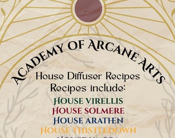 May include: A parchment-style print with the text "ACADEMY OF ARCANE ARTS" and "House Diffuser Recipes." The recipes include: House Virellis, House Solmere, House Arathen, House Thistledown, and House Umbra. A castle illustration is at the bottom.