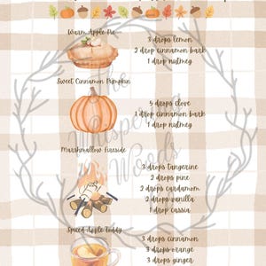 May include: A watercolour illustration detailing autumn candle scents and diffuser oil recipes. The image shows a pie, pumpkin, campfire, and a spiced apple toddy. Recipes include lemon, cinnamon bark, nutmeg, clove, tangerine, pine, cardamom, vanilla, cassia, orange, ginger, and clove.