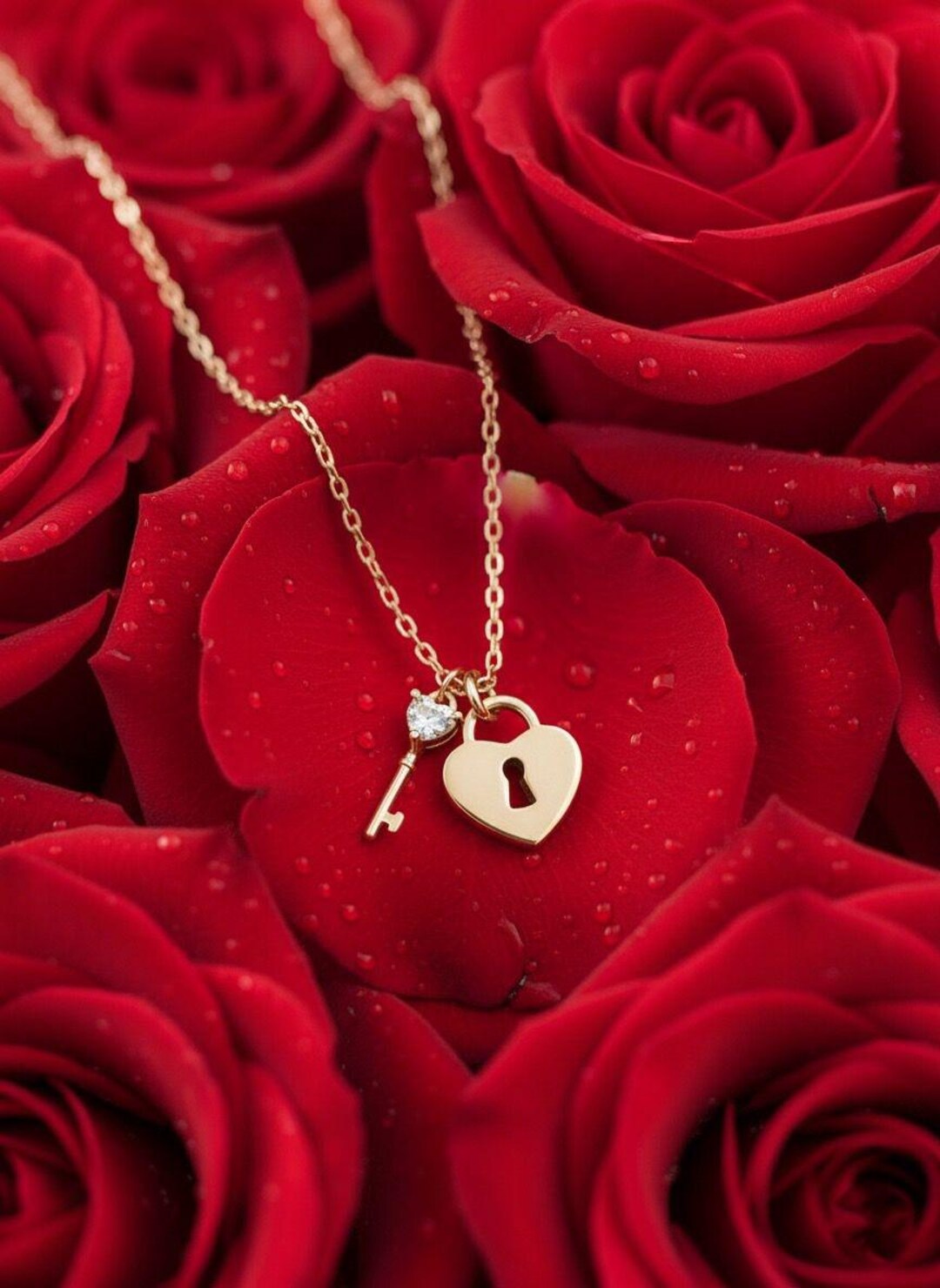 Rose Key Lock Rose Gold Sterling Silver Lock and Key Necklace, CZ Pendant, Valentine ...