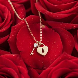 May include: A gold-colored necklace with a heart-shaped pendant and a small key charm, set against a backdrop of vibrant red rose petals. The heart pendant has a keyhole and a small diamond. The key charm has a diamond.