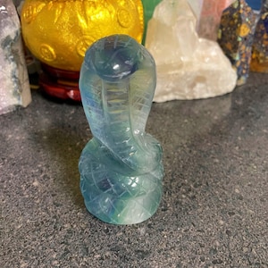 4” Fluorite Cobra Carving – Intricate Scales, Green & Purple Crystal Snake – Protective Energy Stone