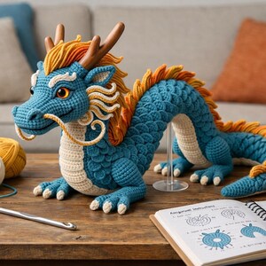 May include: A handcrafted blue, orange, and cream crochet dragon with detailed scales, horns, and a flowing mane. The dragon is displayed on a wooden table with yarn balls, a crochet hook, and an open instruction book. The dragon is a unique handmade item.