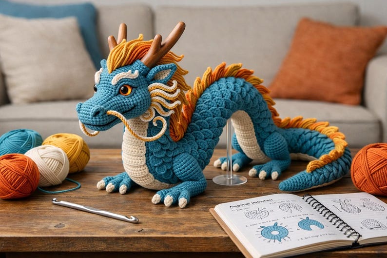 May include: A handcrafted blue, orange, and cream crochet dragon with detailed scales, horns, and a flowing mane. The dragon is displayed on a wooden table with yarn balls, a crochet hook, and an open instruction book. The dragon is a unique handmade item.