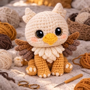 Könnte beinhalten: Eine handgefertigte Häkelpuppe eines Greifs in Creme, Gelb und Braun. Die Amigurumi-Kreatur hat große schwarze Augen, einen gelben Schnabel und detaillierte Flügel. Die Puppe ist von Garn und Bastelzubehör umgeben.