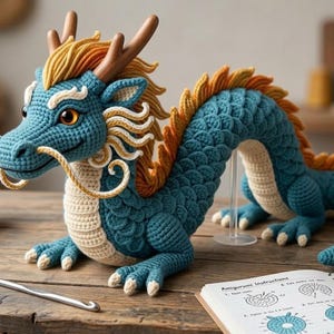 May include: A handcrafted, blue crochet dragon with yellow and orange accents, including horns and a spiky spine. The dragon is posed on a wooden surface with yarn balls and a crochet hook. A pattern book is also visible.
