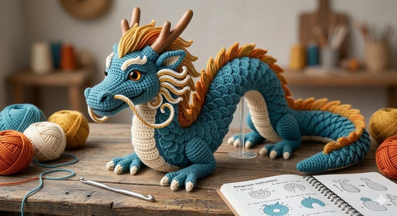 May include: A handcrafted, blue crochet dragon with yellow and orange accents, including horns and a spiky spine. The dragon is posed on a wooden surface with yarn balls and a crochet hook. A pattern book is also visible.