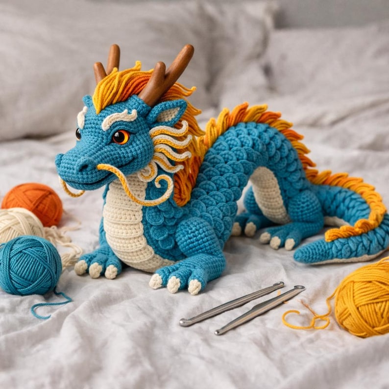 May include: A handmade blue crochet dragon with orange and yellow accents, wooden horns, and cream-colored belly. The dragon is surrounded by balls of yarn in various colors and crochet hooks, suggesting a crafting theme.