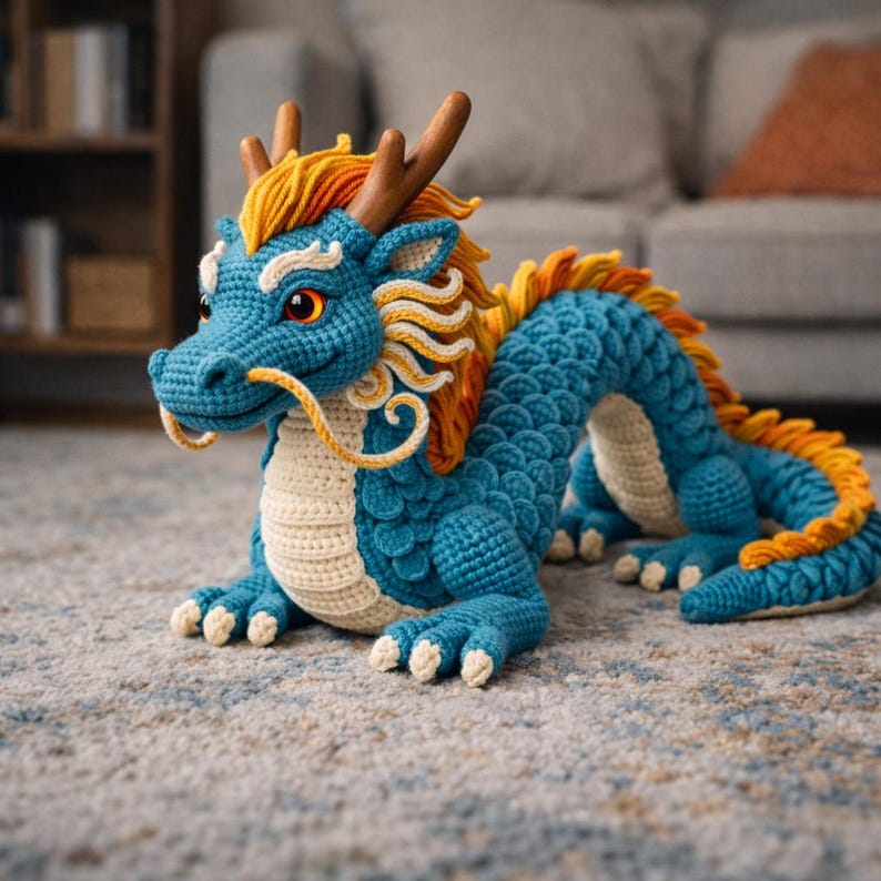 May include: A handmade crochet dragon in shades of blue, yellow, and orange. The dragon has detailed features, including horns, a flowing mane, and a long tail. The dragon is lying on a patterned rug.