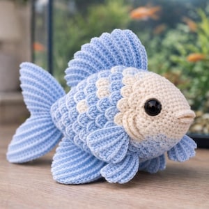 May include: A handmade crochet fish in shades of light blue and cream. The fish has large, black eyes and detailed fins and tail. The fish is sitting on a wooden surface, with an aquarium in the background.