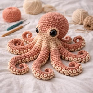 May include: A crocheted octopus toy in pink and cream colours. The octopus has large black eyes and curled tentacles. Yarn and crochet hooks are in the background, suggesting a craft project. A soft toy.