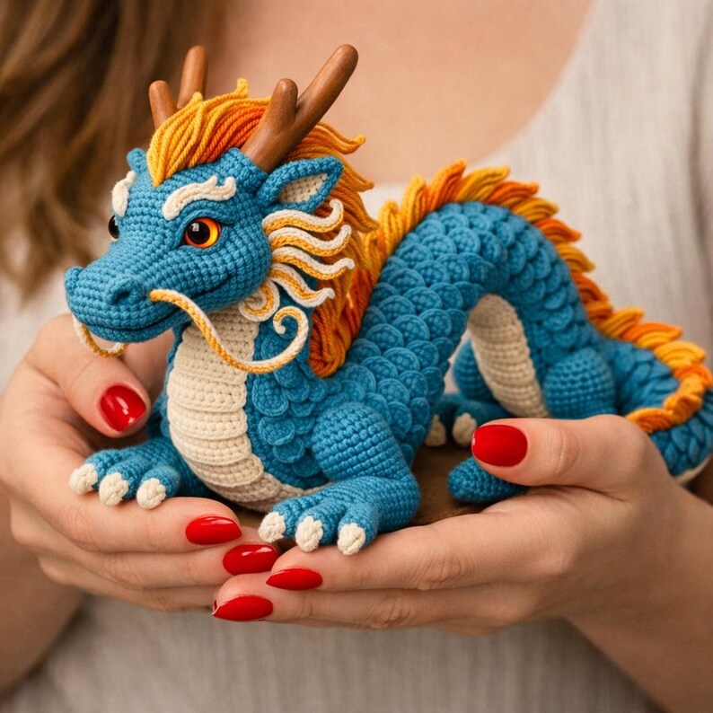 May include: A crocheted dragon figurine in shades of blue, orange, and cream. The dragon has a detailed scale pattern, orange mane, and small wooden horns. The dragon is resting in a person's hands.