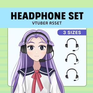 May include: An illustration of a cartoon character wearing a black headset with a microphone. The image is labeled "HEADPHONE SET VTUBER ASSET" and "3 SIZES". The character has purple hair and is wearing a white sailor uniform with a red bow.