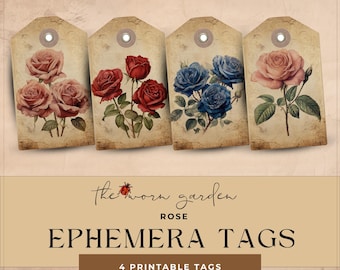Roses Junk Journal-etiketter, Shabby Chic Extras Pack, Digital, Utskrivbar Ephemera, Papperspyssel, Ephemera-etiketter