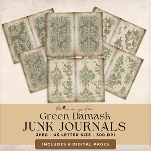 Junk Journal, Digitales Papier, Grüne Damast Seiten, Printable Ephemera, Papiermodell, Collage Sheet 11 x 8.5, Junk Journal
