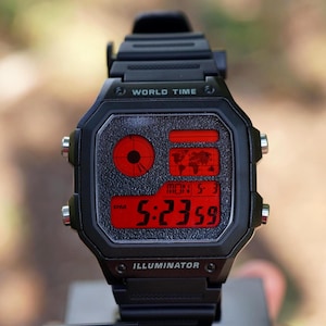 Black Red Stealth Custom Casio Royale AE1200 Watch Mod, Blacked Out Tactical Digital Watch