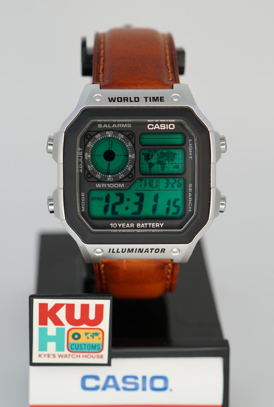 Custom Retro AE1200 Green Filter Brown Leather Strap Casio Watch