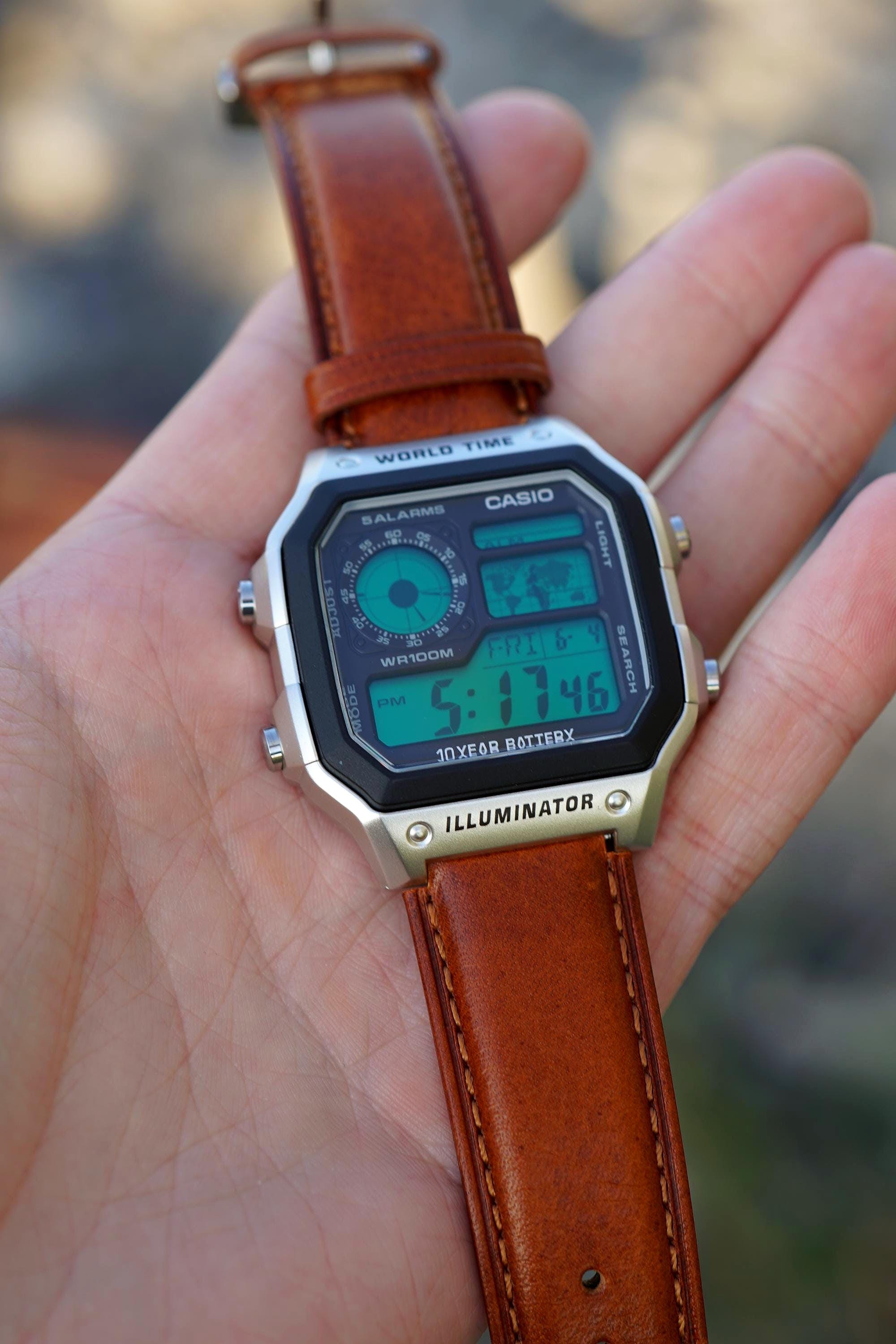 Custom Retro AE1200 Green Filter Brown Leather Strap Casio Watch