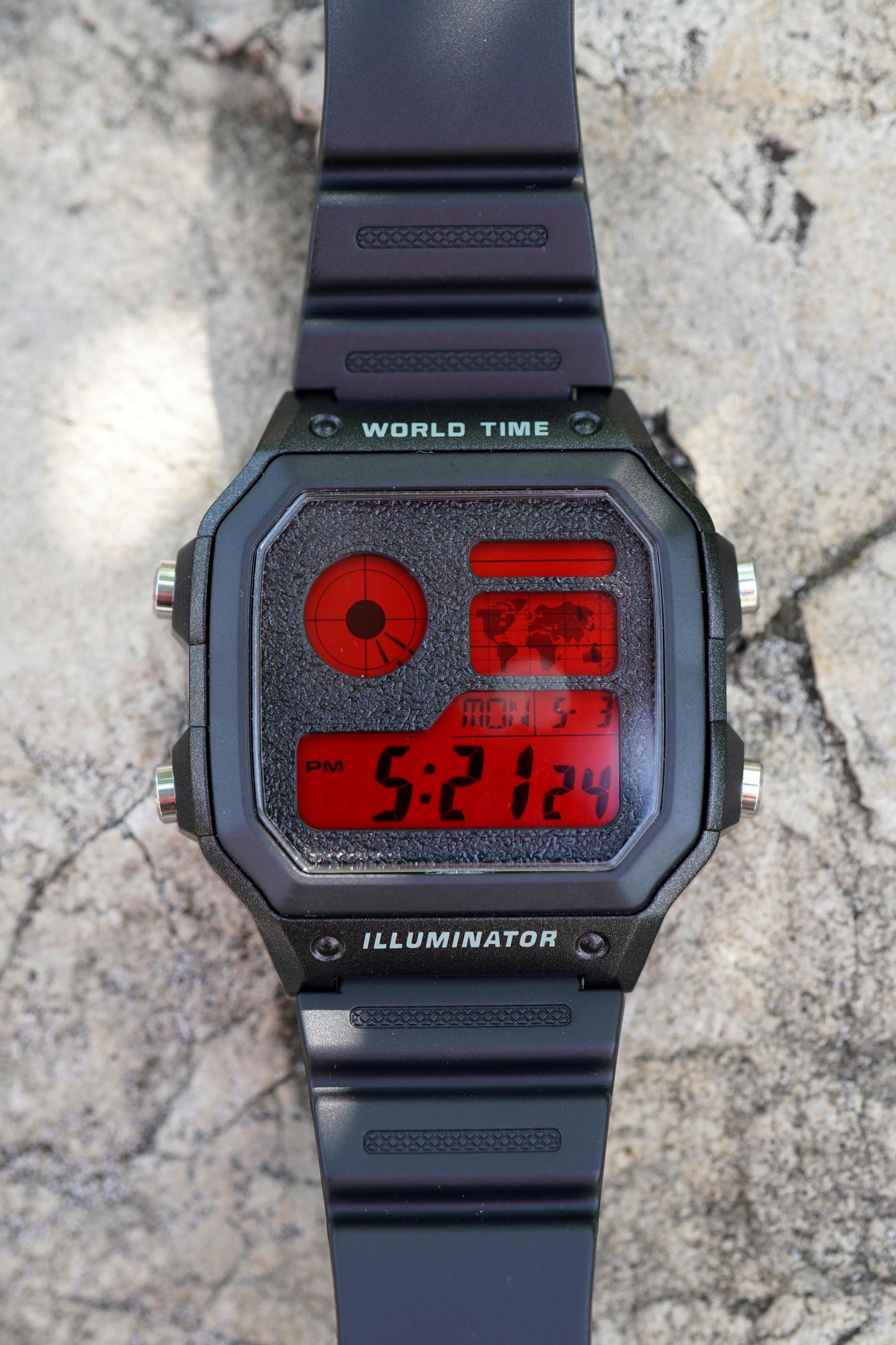Black Red Stealth Custom Casio Royale AE1200 Watch Mod, Blacked