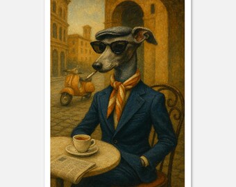 Póster de galgo italiano - Espresso y cigarrillo - Impresión artística de perro con estilo