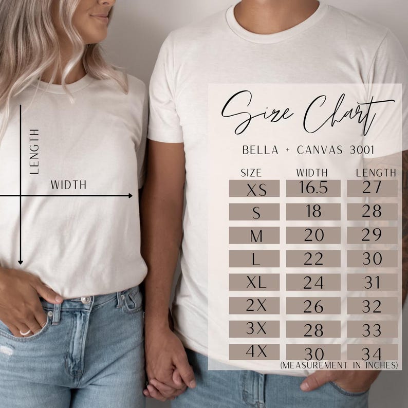 Puede incluir: Dos personas vestidas con camisetas blancas y vaqueros azules. Se muestra una tabla de tallas con medidas en pulgadas para camisetas Bella + Canvas 3001, incluyendo ancho y largo para tallas XS a 4X.