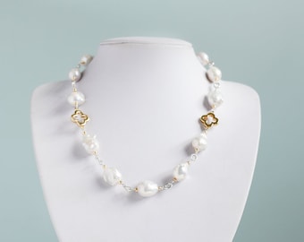 Baroque pearls with accents of silver and gold quatrefoils