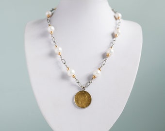 Vintage Italian coin pendant necklace with pearls, gold and silver