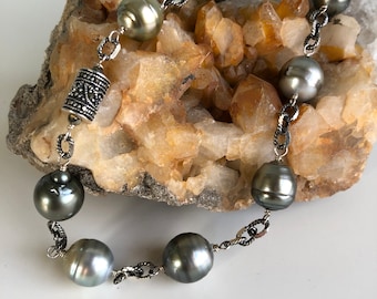 Tahitian pearl necklace with vintage marcasite bead