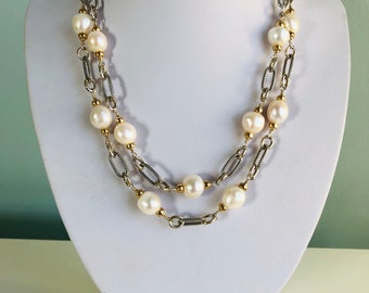 Timeless silver and gold pearl station necklace