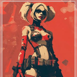 Może przedstawiać: Ilustracja postaci żeńskiej z białymi włosami w kucykach, ubranej w czarno-czerwony strój z pasem narzędziowym i trzymającej broń. Tło jest czerwone.