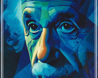 May include: A striking portrait of Albert Einstein, depicted in a geometric style using blues, greens, and orange. The artwork highlights Einstein's distinctive white hair and moustache, with emphasis on his expressive eyes and facial features.