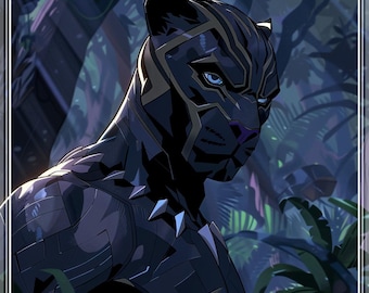 May include: Illustration of Black Panther, a superhero, in a jungle setting. The character is depicted in a black suit with gold accents and blue eyes. The background features lush green foliage and a dark, moody atmosphere.