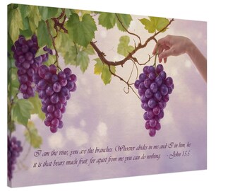 May include: A canvas print featuring a cluster of ripe, purple grapes hanging from a vine with green leaves. A hand gently holds one of the grape bunches. The text "I am the vine..." is printed at the bottom.